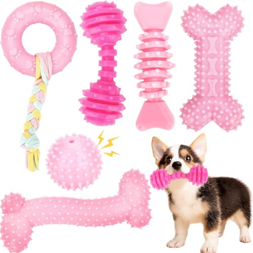 6-Pack Soft Durable Puppy Chew Toys, Pink Interactive Teething Toys for Small Breeds