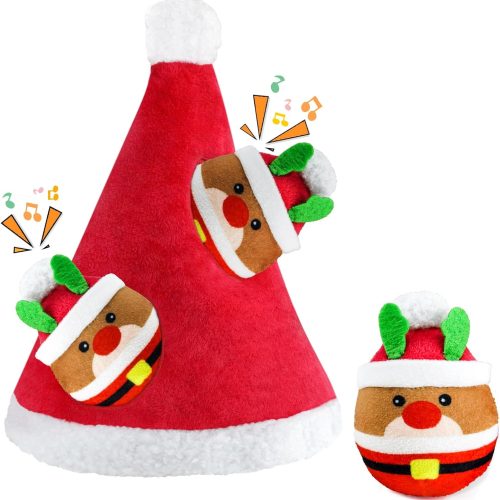 4-Pack Christmas Hide and Seek Plush Squeaky Toys with Hat Design for Small to Medium Dogs