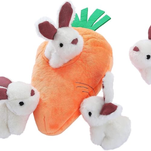 5-Pack Hide and Seek Rabbit & Carrot Plush Squeaky Dog Toy Set, Orange & White